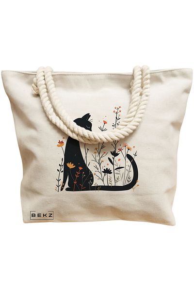 BEKZ Geanta de plaja, model Cat and Flowers 1, 40x51 cm, Crem, BEKZ®