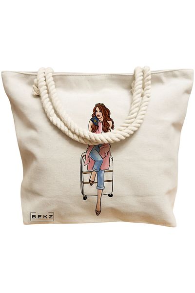 BEKZ Sacosa Textila Cu Fermoar, Geanta Tote, Model Foxy And Books 2 38 X 34.5 Cm, Alb, ®