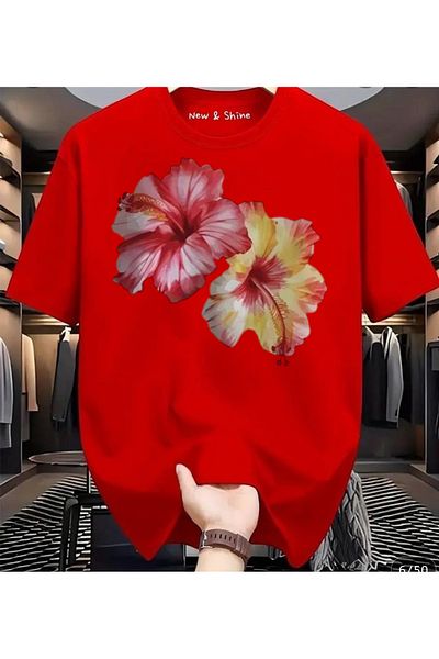 New Shine 1 tricou este un cadou pentru achiziții de 6 și mai sus în coș - Tricou oversize cu imprimeu floral dublu