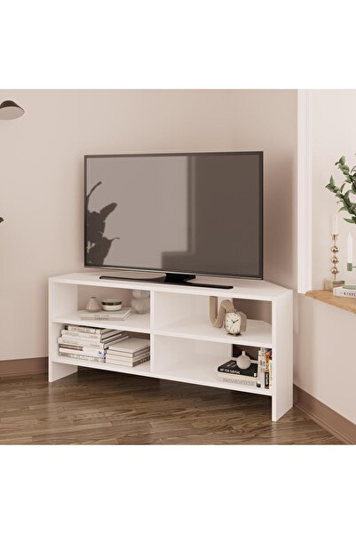 Bimossa ROY B1420 Geniş Köşe TV Ünitesi TV Sehpası – Beyaz | Açık Raflı 48 inç Uyumlu