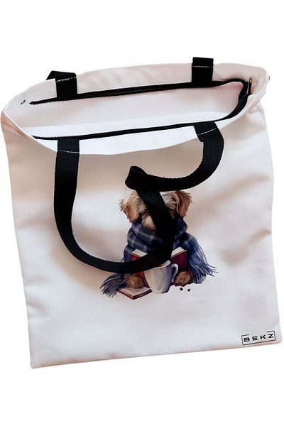 BEKZ Textile Bag With Zipper, Tote Bag, 8bit Doggo Model, 38x34.5 Cm, ​​White, ®