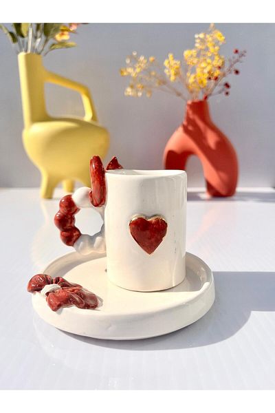 AYLEFE HOBBY Handmade Ceramic Turkish Coffee Cup with Bow and Heart Figures 24K Gold Detail 90ml
