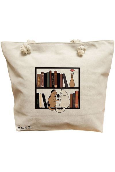 BEKZ Geanta de plaja, model Cat Booky Life 2, 40x51 cm, Crem, BEKZ®