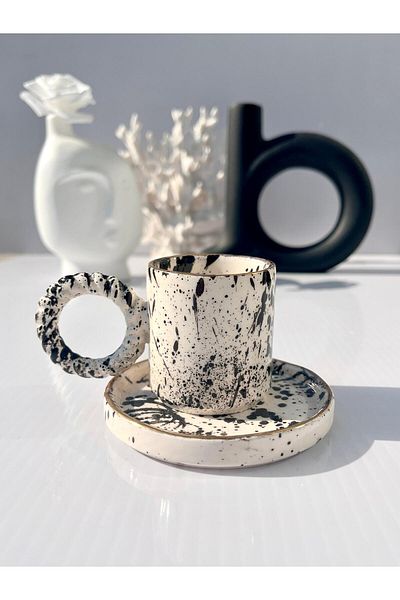 AYLEFE HOBBY Sprinkled Pattern Handmade Ceramic Turkish Coffee Cup 90ml