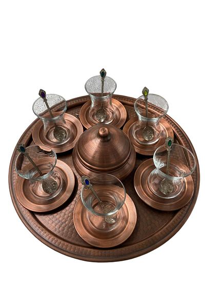 Tanrıkulu Bakırcılık Copper Hand Tattoo Tea Set & Tea Presentation Set with Copper Tray for 6 People (6 Cups with Gift)