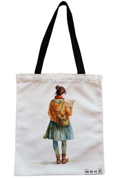BEKZ Sacosa Textila Cu Fermoar, Geanta Tote, Model Cantec Floral, 38x34.5 Cm, Alba, ®