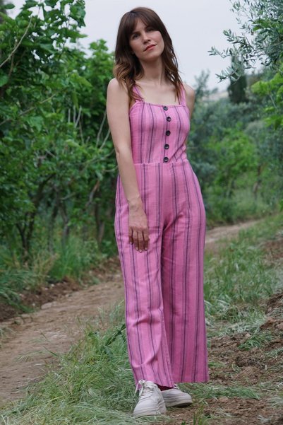 Defne&Apollon İpekçilik Hand-Woven Striped Jumpsuit Linen-Cotton - Pink