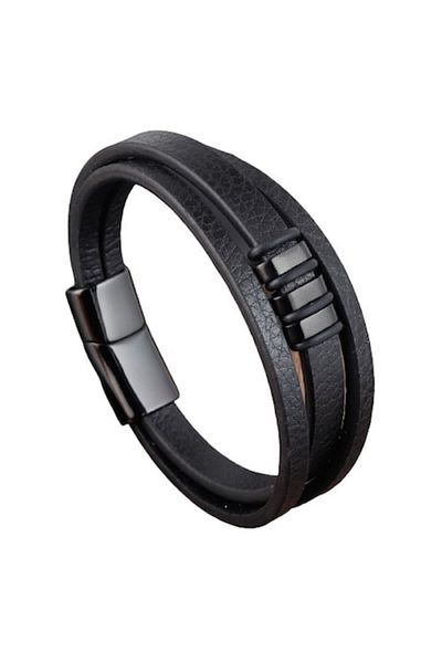 xUPING - Brățară din piele cu șiraguri multiple, închidere magnetică, încuietoare din oțel inoxidabil, neagră