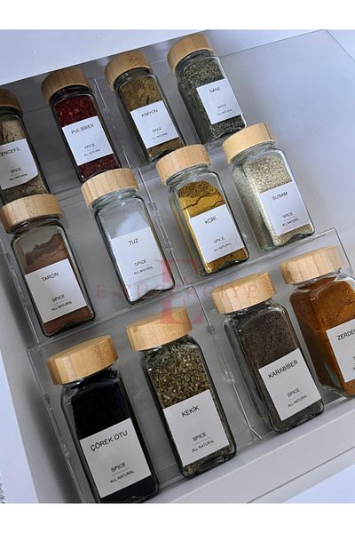 E Züccaciye Fenomen 12-Piece Bamboo Lid Square Form Glass Spice Jar Set / 16 Tags