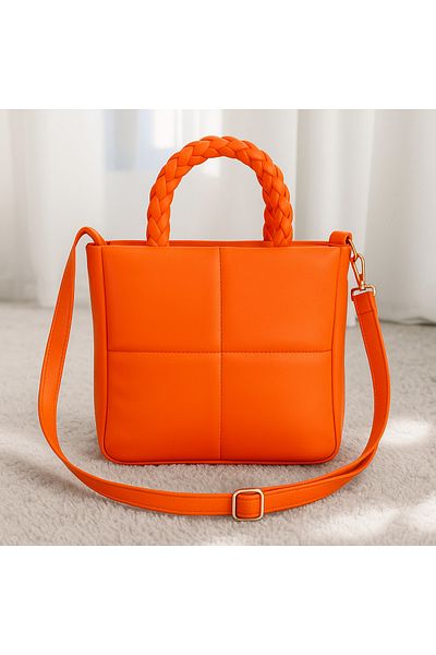 TRENDİMİZBİR Hot Orange Knitted Handle Vegan Faux Leather Tote Bag