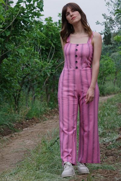 Defne&Apollon İpekçilik Hand-Woven Striped Jumpsuit Linen-Cotton - Pink