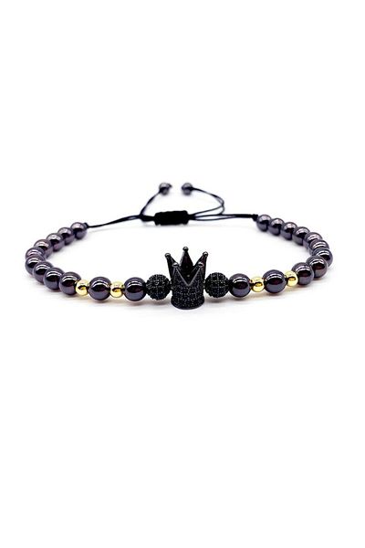 Tessero Brățară cu mărgele din oțel inoxidabil, model unisex de lux cu coroană, placată cu aur de 18K și negru