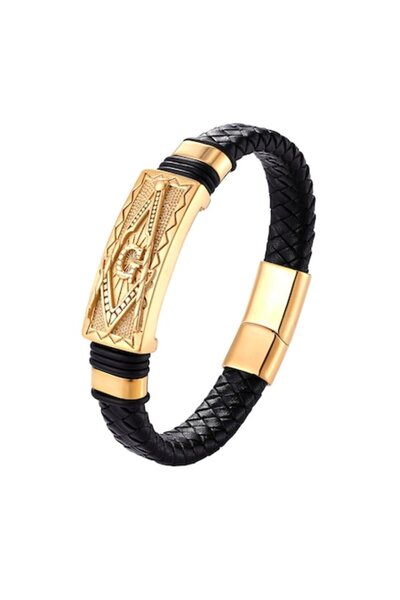 Tessero - Brățară din piele împletită, busolă masonică și simbol pătrat, închidere magnetică