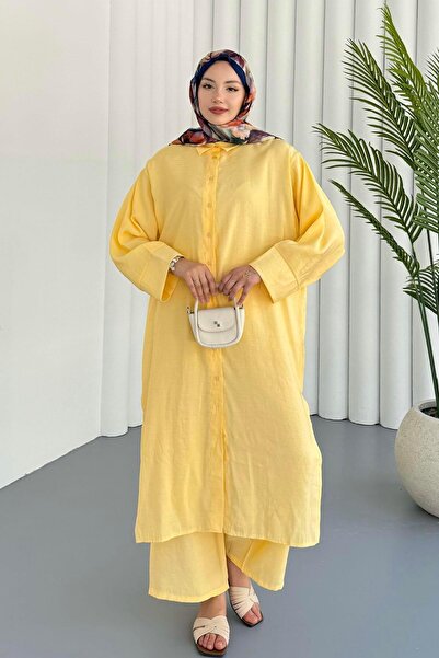 Modaensarbutik Yırtmaç Detaylı Tunik Pantolon Tesettür Takım-SARI