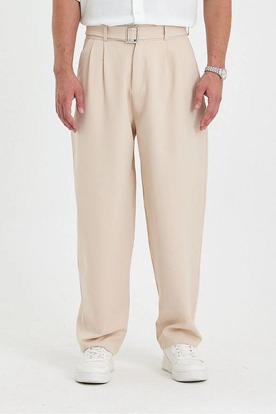 Gray Clothing Summer Pleated Baggy Fit Pocket Belt Buckle Men's Fabric Trousers Beige