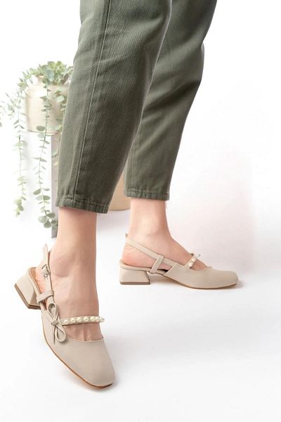 Papuçsepeti Shoe Basket Hç150 Women's Pearl Bow 4.5 cm Heeled Shoes