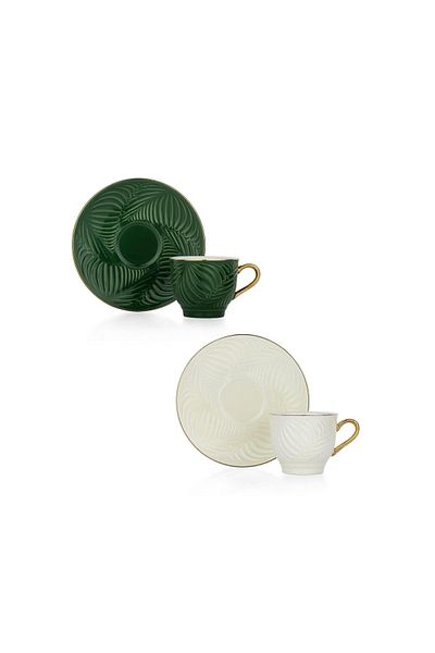 Altabi Glossy 6-Person Coffee Cup Set Porcelain White/Green Combination Set
