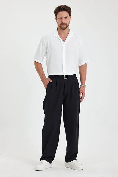 Gray Clothing Summer Pleated Baggy Fit Pocket Belt Buckle Men's Fabric Trousers Black