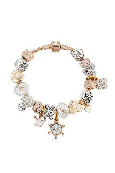 Tessero Bratara de dama cu 18 charm-uri diferite modele, model cu coroana, placat cu aur 18K, inchidere clip