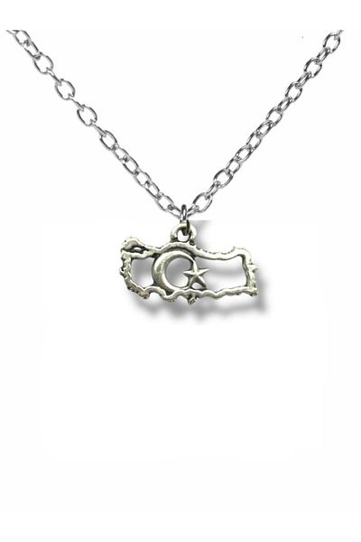 Herşey Nota Türkiye Map and Moon Star Figured Necklace – Silver Color Unisex Metal Design with 60 cm Chain