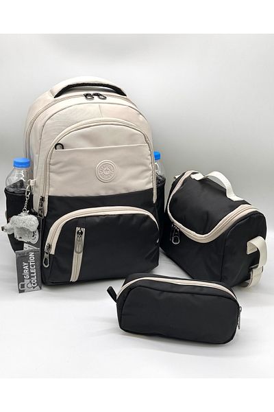 GirayCollection First School Bag Set of 3 Unisex Children's Primary School Bag Gry-8010 Beige-Black