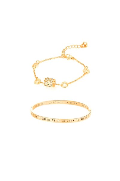Tessero Set doua bratari de dama, bangle fixa cu cifre romane, charm-uri cu pietre zirconiu, otel inoxidabil