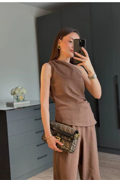 FMN Collection Summer Drape Detail Single Sleeve Asymmetrical Linen Fabric Stylish Casual Suit with Wide Leg Pants