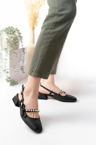 Papuçsepeti Shoe Basket Hç150 Women's Pearl Bow 4.5 cm Heeled Shoes