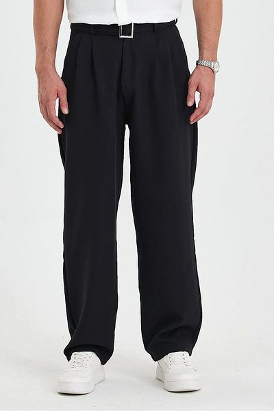 Gray Clothing Summer Pleated Baggy Fit Pocket Belt Buckle Men's Fabric Trousers Black