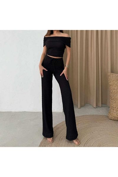 Xenthe Women's Black Seersucker Fabric Madonna Collar Blouse and Wide Leg Pants Two-Piece Set