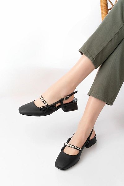Papuçsepeti Shoe Basket Hç150 Women's Pearl Bow 4.5 cm Heeled Shoes