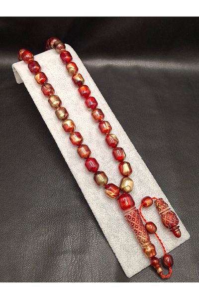 Han Ticarethane Red Gold Color Patterned Imame Embroidered Powder Amber Prayer Beads