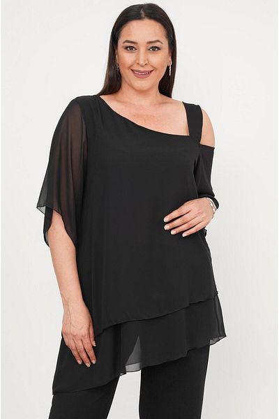 FOR ESRA BIG TREND Γυναικείο βραδινό κοστούμι 2 τεμαχίων με έναν ώμο διπλής στρώσης σιφόν ελαστική ψηλή μέση με τσέπες