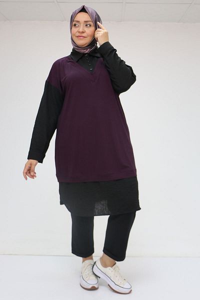 Eslina 58033 Plus Size Tunik with Vest Look - Plum-Black