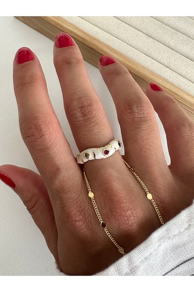 ringbox White Enamel Colored Stone Ring