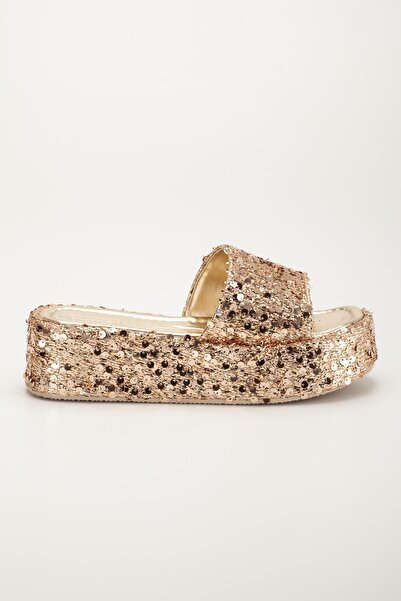 Dilimler Ayakkabı Γυναικείες παντόφλες με τακούνι με χρυσή παγιέτα με μονό λουράκι