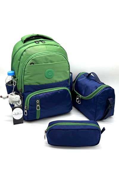 MegiHero First School Bag Set of 3 Unisex Children's Primary School Bag Mtc-8010 Green-Navy Blue