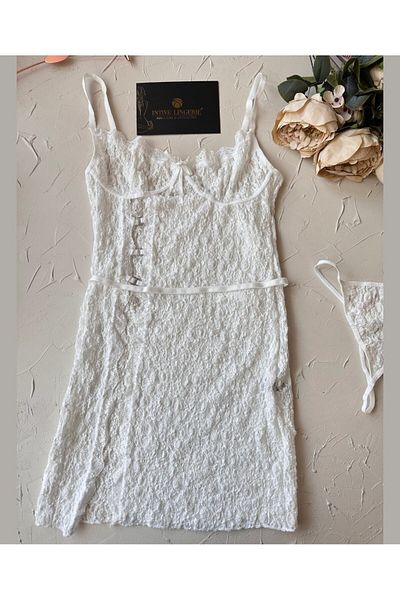 İntive Lingerie Intive Embossed Guipure Lace Stylish Modern Lace Nightdress with Side Ok Decollete