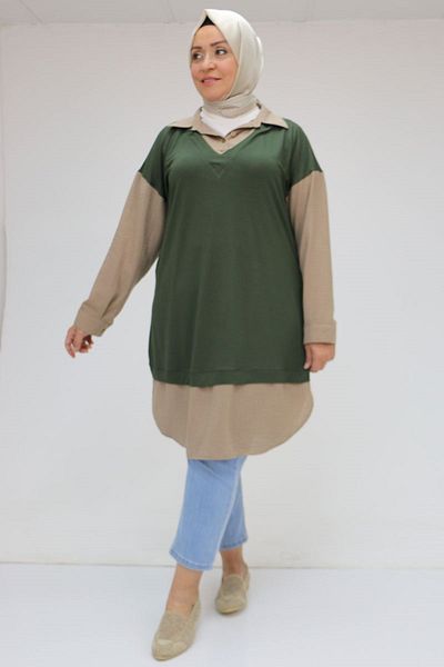 Eslina 58033 Plus Size Tunik with Vest Look - Khaki-Mink