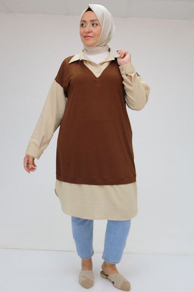 Eslina 58033 Large Size Tunica with Vest Look - Brown-Beige