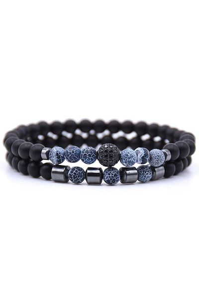 Tessero Set of Two Bracelets Made from Semiprecious Stone, Disco Ball with Black Zirconium Stones, 6