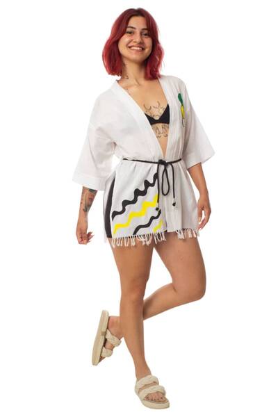 İZMİR ASKERİ MALZEME قميص كيمونو للشاطئ منسوج من الكتان الأبيض بنمط بوبارت بأ...