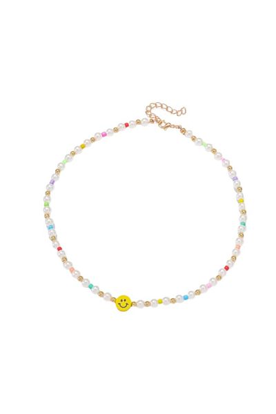 Tessero Colier de dama din margele, perle si bilute multicolore, pandantiv cu fata zambitoare, 45 cm, alb