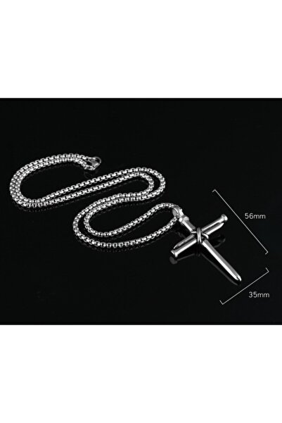 Tessero Lanț cu design cubic și pandantiv în formă de cruce, model cuie, oțel inoxidabil, culoare argintie