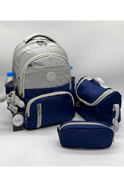 MegiHero First School Bag Set of 3 Unisex Children's Primary School Bag Mtc-8010 Gray-Navy Blue