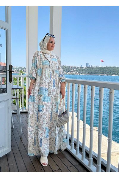 Aselim Hijap Moda Καλοκαιρινό φόρεμα με έθνικ σχέδιο |   Μπεζ-μπλε με κουμπιά και άνετη εφαρμογή
