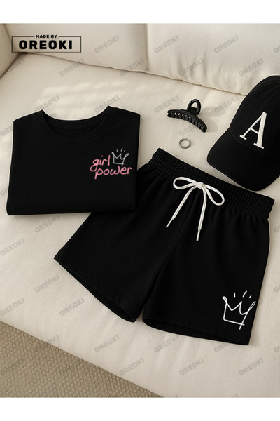 EFFRENATU Γυναικείο Σετ Μαύρο Βαμβακερό T-Shirt με στάμπα Power-Μαύρο Σορτς