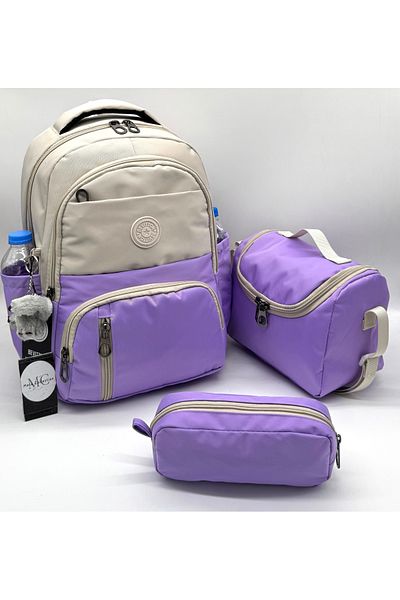 MegiHero First School Bag Set of 3 Unisex Children's Primary School Bag Mtc-8010 Beige-Lilac