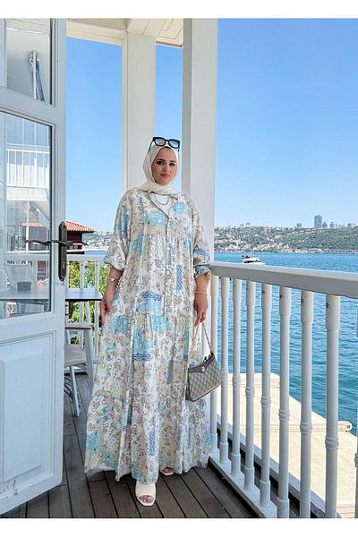 Aselim Hijap Moda Καλοκαιρινό φόρεμα με έθνικ σχέδιο |   Μπεζ-μπλε με κουμπιά και άνετη εφαρμογή