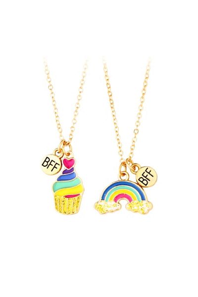 Tessero Set of Two Necklaces with Magnet for Friends, BFF, Model in Shape of Cupcake and Rainbow, Charms wit